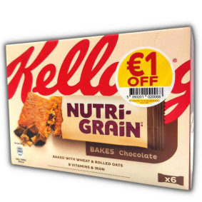 KELLOGG`S CEREAL BARS NUTRI-GRAIN BAKES CHOCOLATE 6x45g OFFER €1 OFF