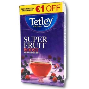 TETLEY TEA BAGS SUPER FRUITS BLUEBERRY & RASBERRY 40g €1 OFF