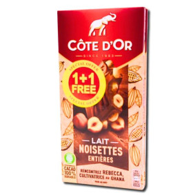COTE D`OR MILK CHOCOLATE WITH HAZELNUTS BAR 180gr 1+1 FREE